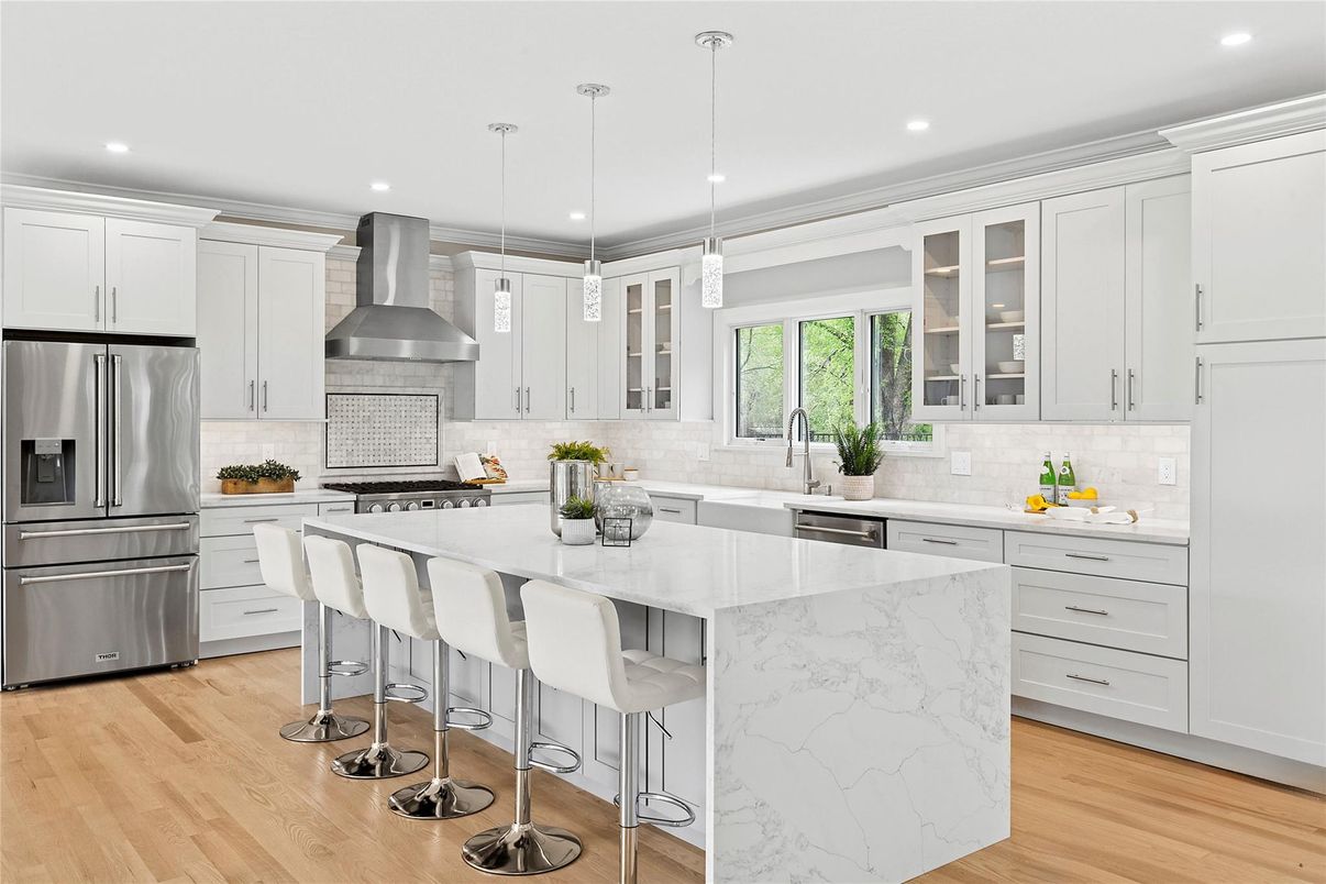 Interior, Kitchen, Pendant Lights, Recessed Lighting, Stainless Steel Appliances, Wood Texture Flooring