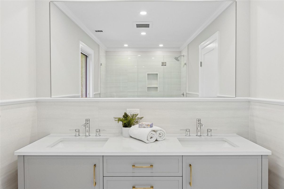 Bathroom, Dual Sink Vanities, Glass Shower, Interior, Recessed Lighting