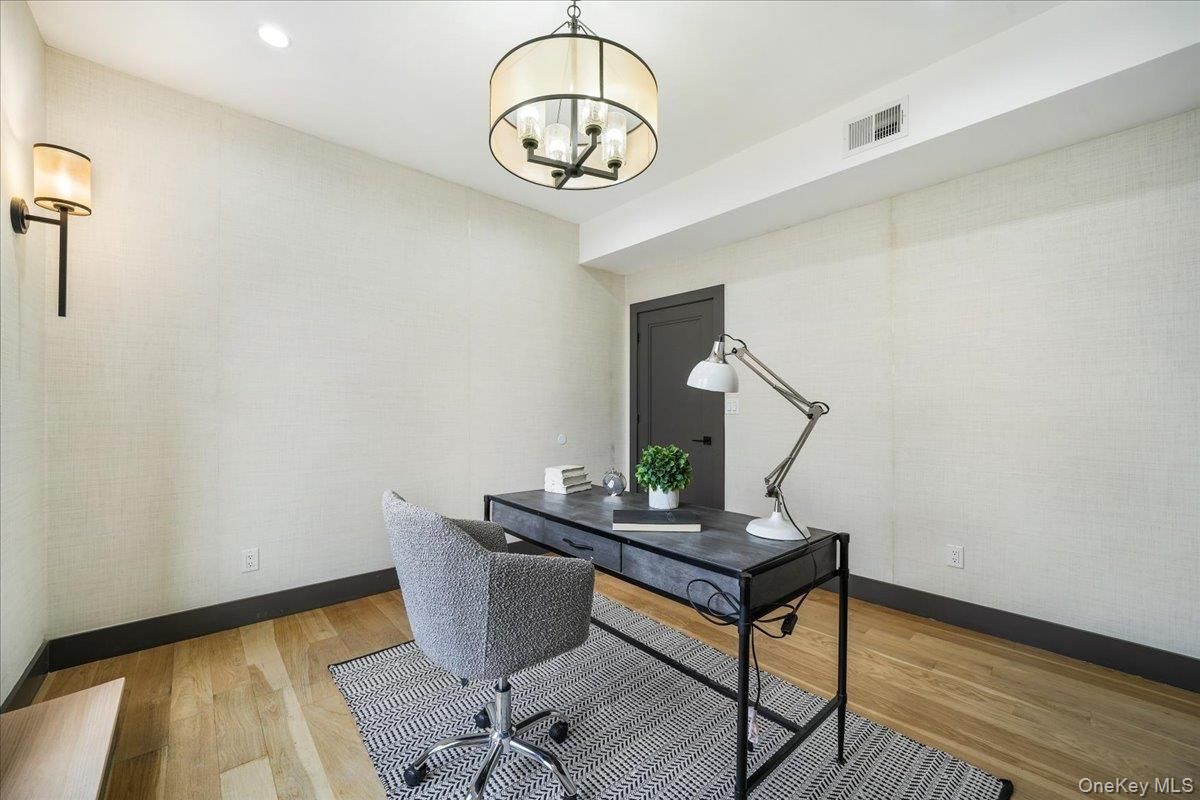 Chandelier, Home Office, Interior, Recessed Lighting, Wood Texture Flooring