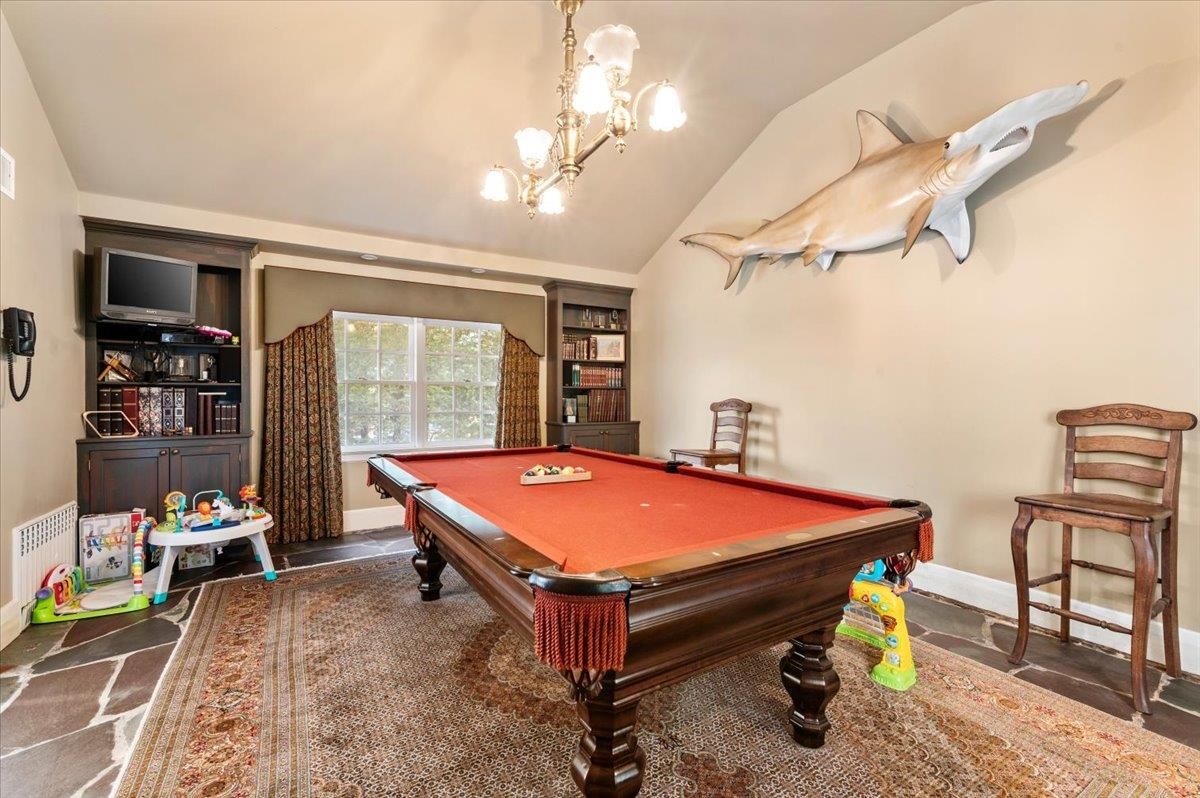 Billiard Table, Chandelier, Game Room, Interior, Wood Texture Flooring