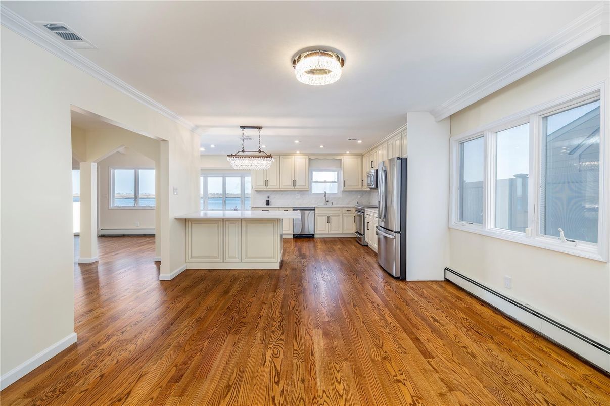 Chandelier, Interior, Kitchen, Recessed Lighting, Stainless Steel Appliances, Wood Texture Flooring