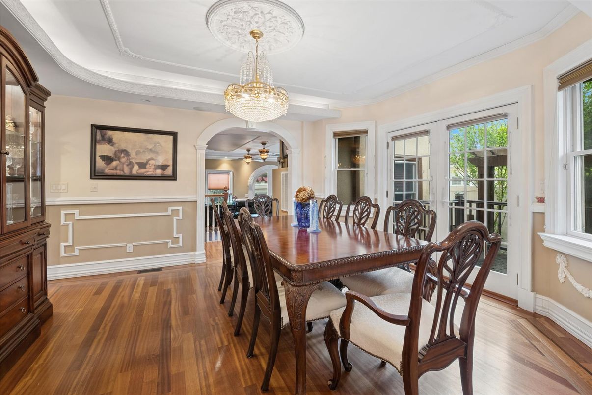 Chandelier, Dining room, Interior, Wood Texture Flooring