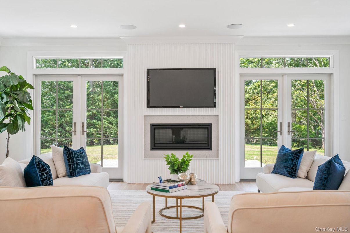 Fireplace, Interior, Living room, Recessed Lighting, Wood Texture Flooring