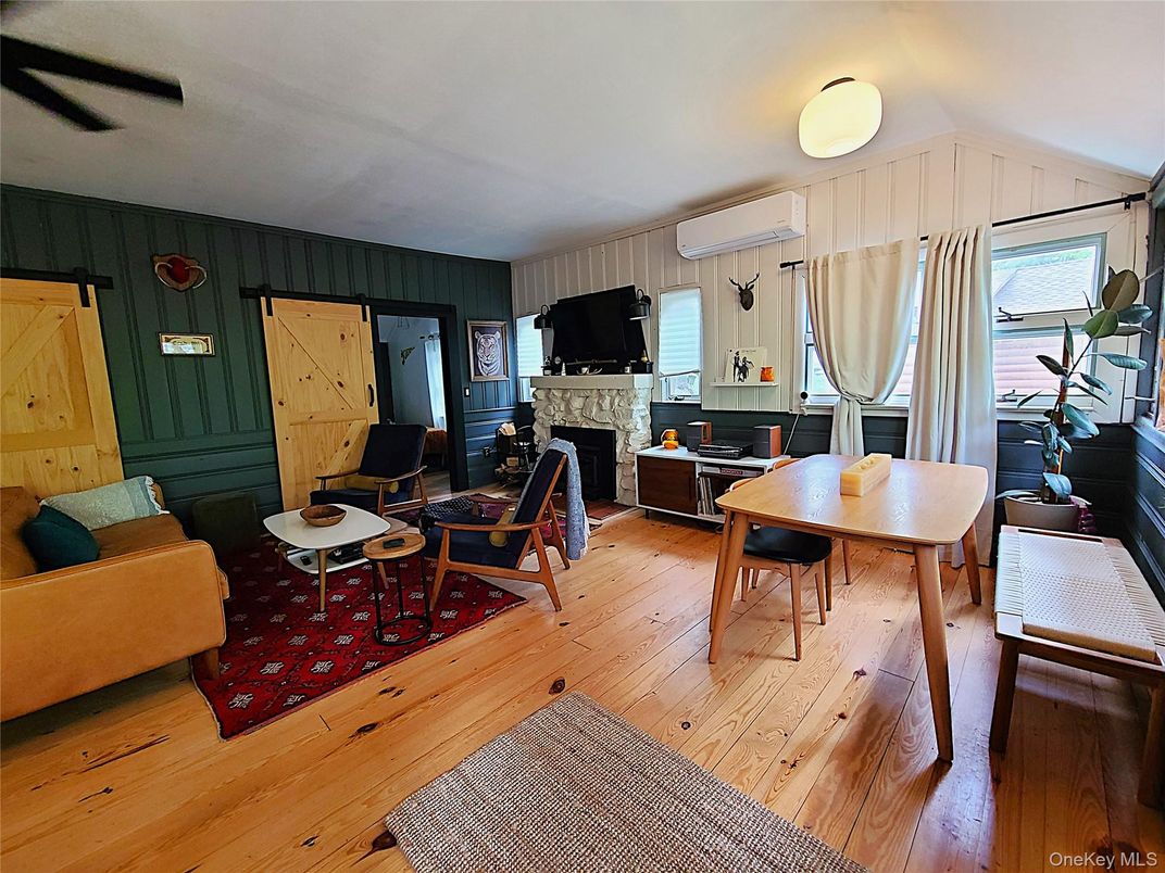 Dining room, Fireplace, Interior, Living room, Wood Texture Flooring