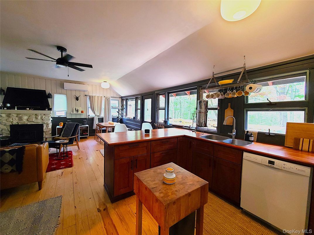 Fireplace, Interior, Kitchen, Living room, Pendant Lights, Wood Texture Flooring