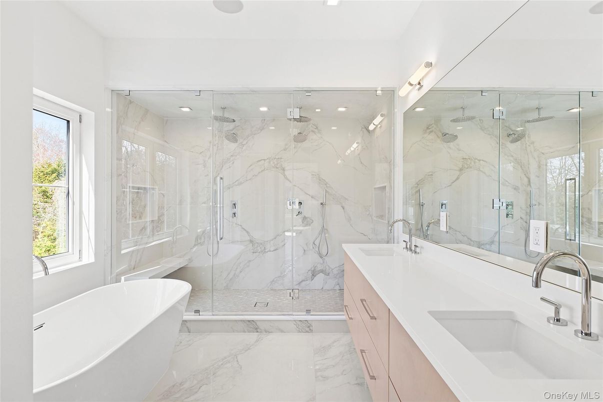 Bathroom, Dual Sink Vanities, Free Standing Baths, Glass Shower, Interior, Marble, Marble Walls, Recessed Lighting