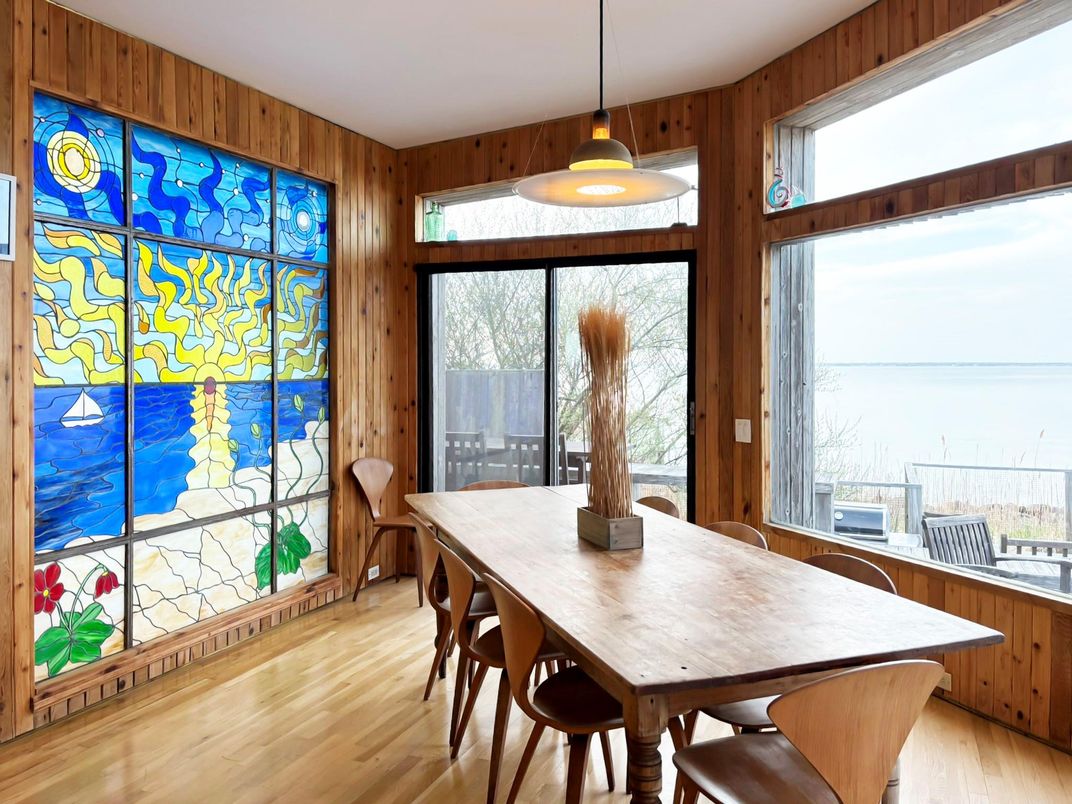 Dining room, Interior, Pendant Lights, Wood Texture Flooring, Wooden Walls