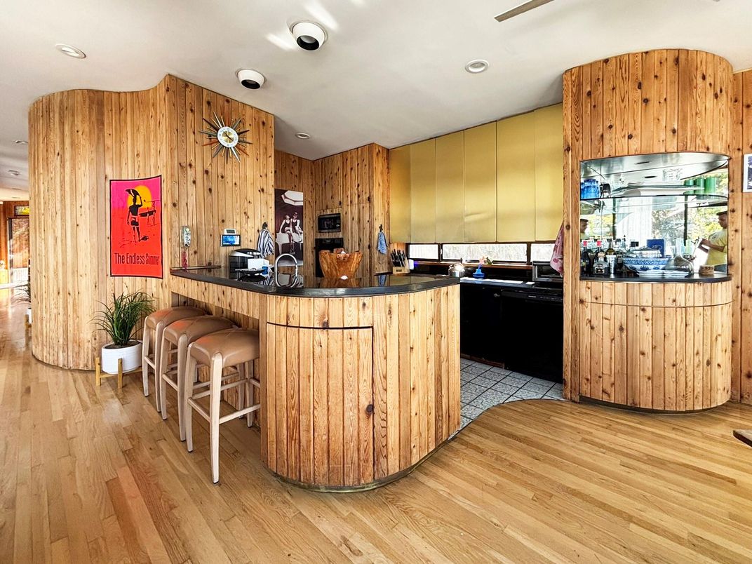 Interior, Kitchen, Recessed Lighting, Wood Texture Flooring, Wooden Walls