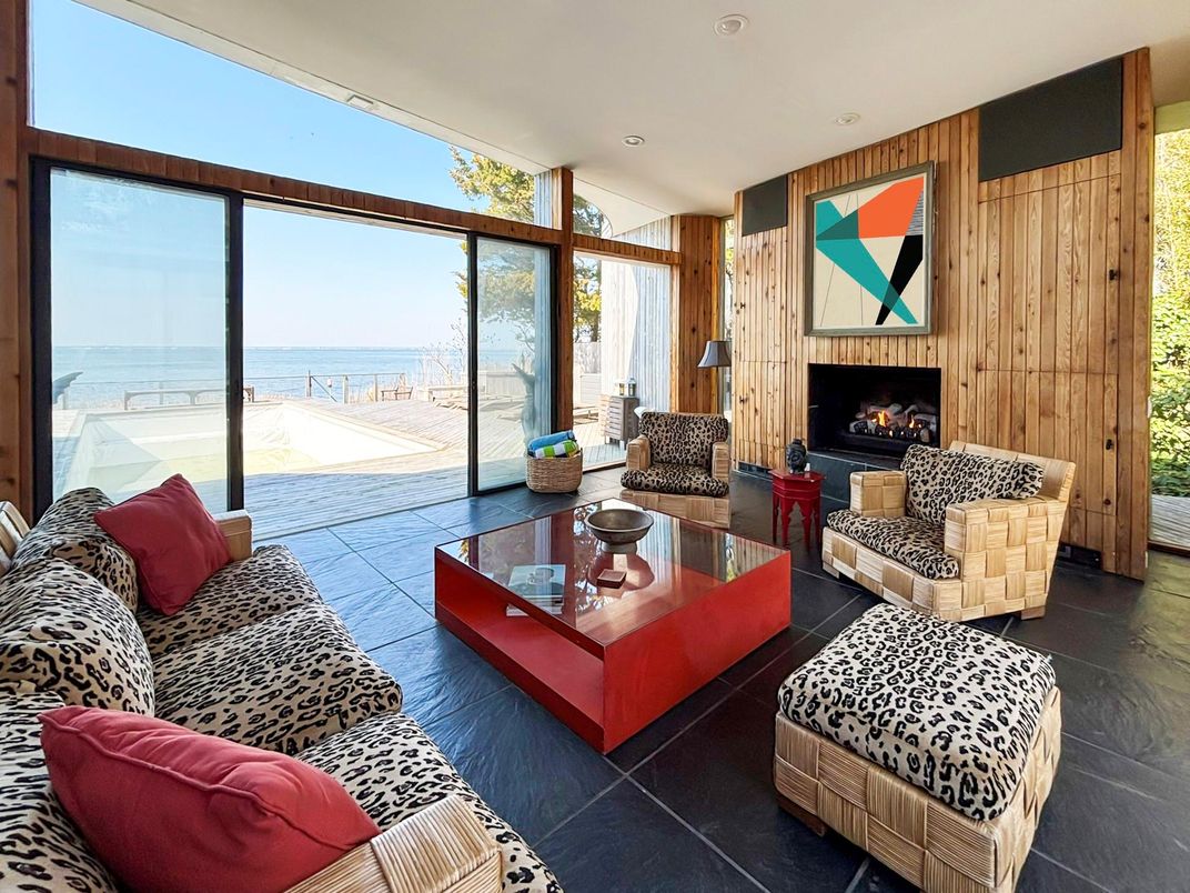 Fireplace, Interior, Living room, Recessed Lighting, Water, Wooden Walls