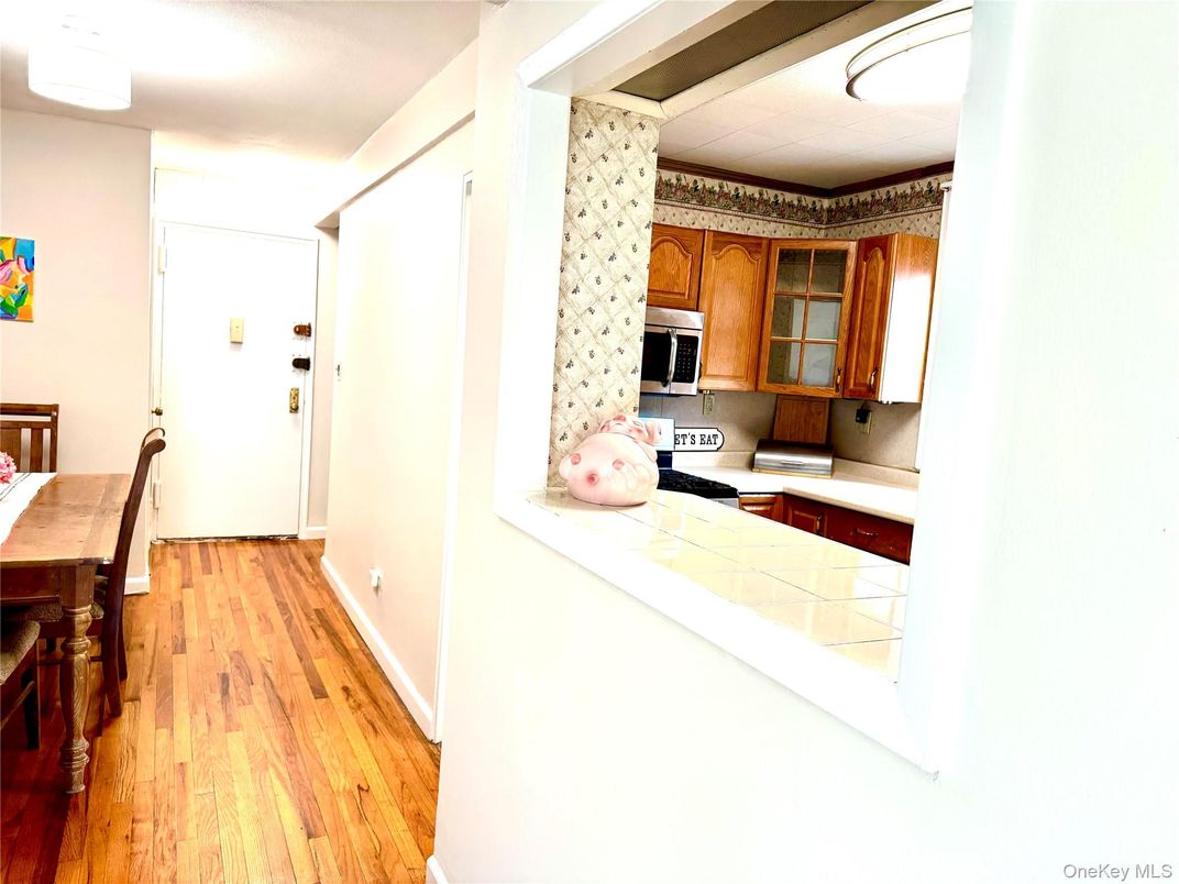 Interior, Kitchen, Tile Countertops, Wood Texture Flooring