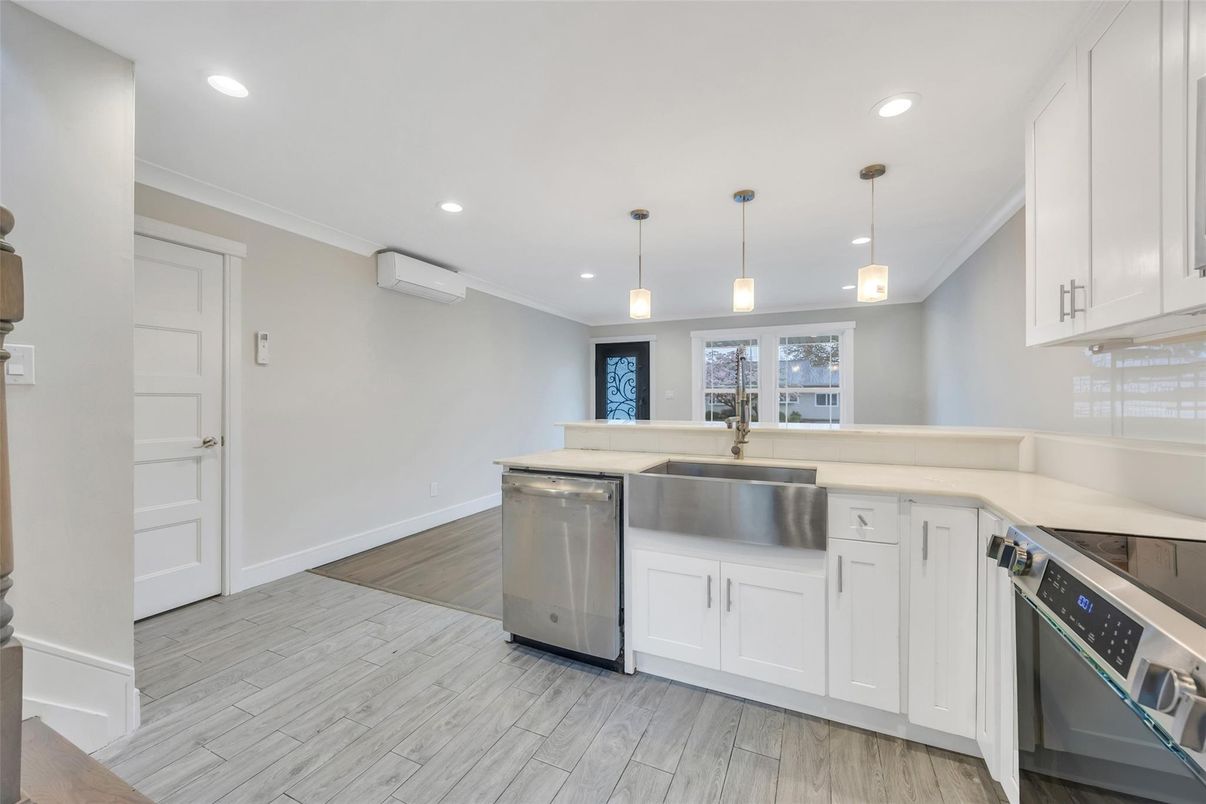 Interior, Kitchen, Pendant Lights, Recessed Lighting, Stainless Steel Appliances, Wood Texture Flooring