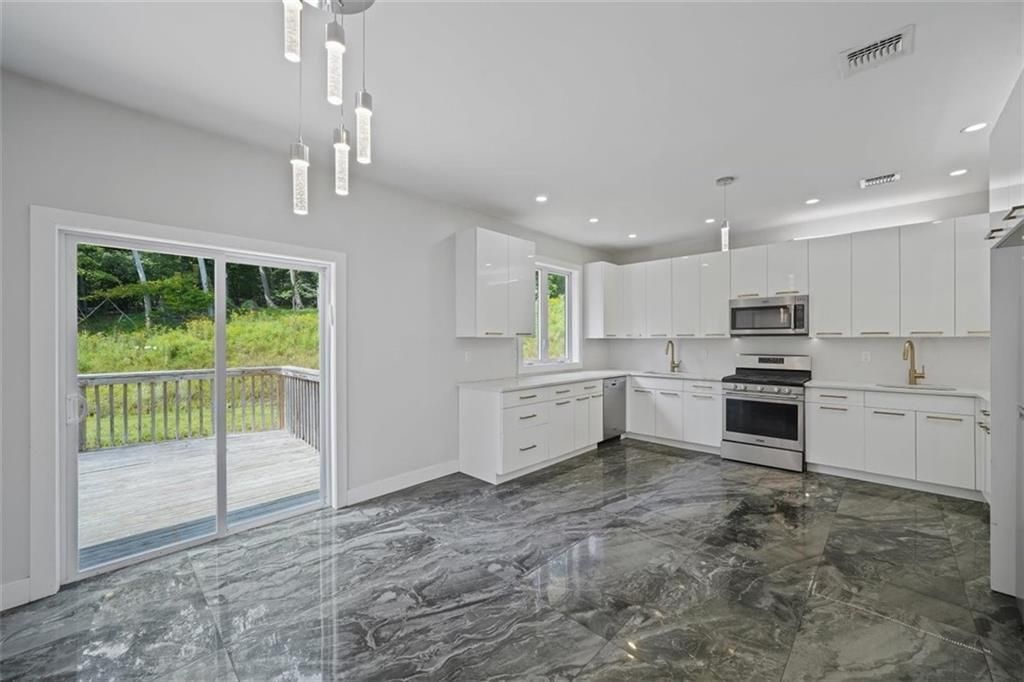 Interior, Kitchen, Marble, Pendant Lights, Recessed Lighting, Stainless Steel Appliances