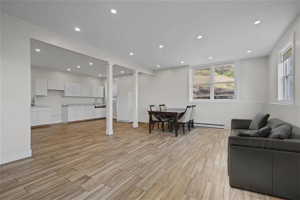 Dining room, Interior, Kitchen, Living room, Recessed Lighting, Wood Texture Flooring