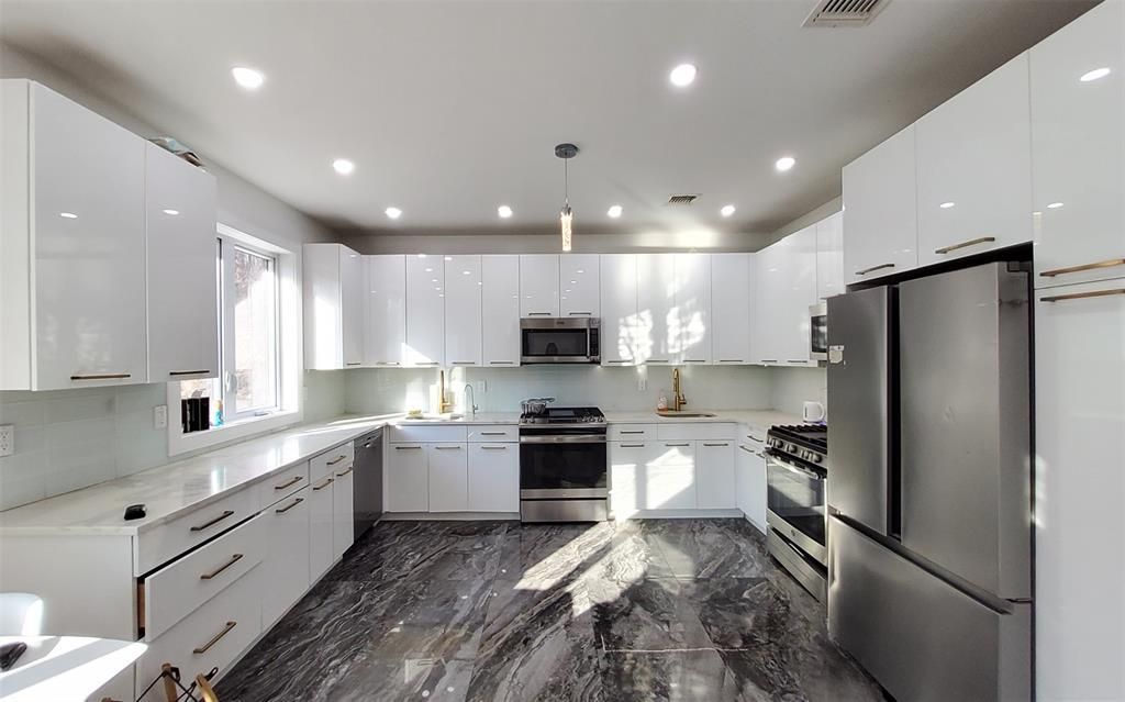 Interior, Kitchen, Marble, Pendant Lights, Recessed Lighting, Stainless Steel Appliances