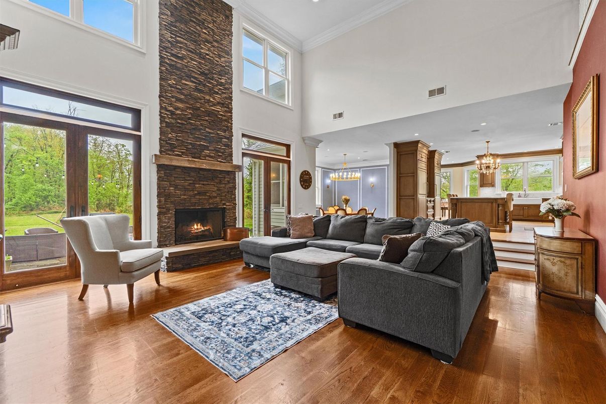 Fireplace, Interior, Living room, Pendant Lights, Recessed Lighting, Wood Texture Flooring