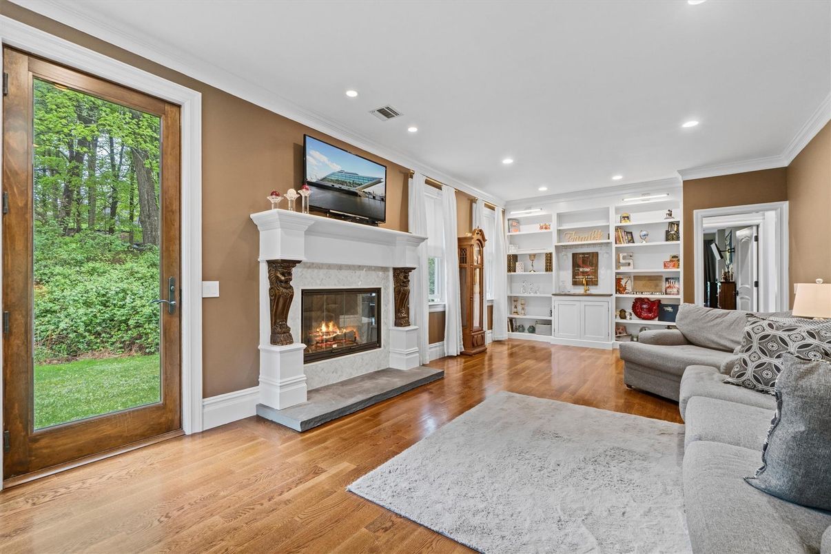 Fireplace, Interior, Living room, Recessed Lighting, Wood Texture Flooring