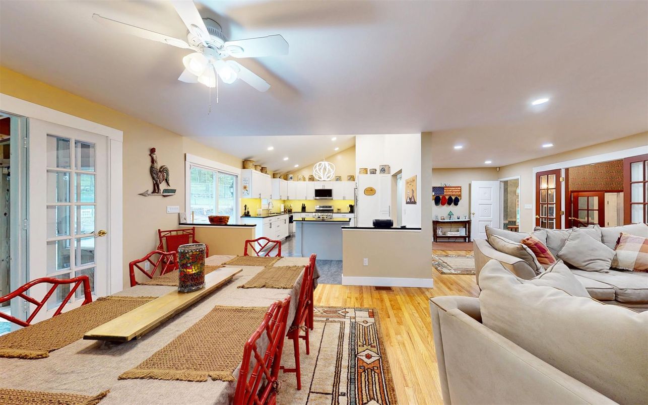 Dining room, Interior, Kitchen, Living room, Recessed Lighting, Stainless Steel Appliances, Wood Texture Flooring