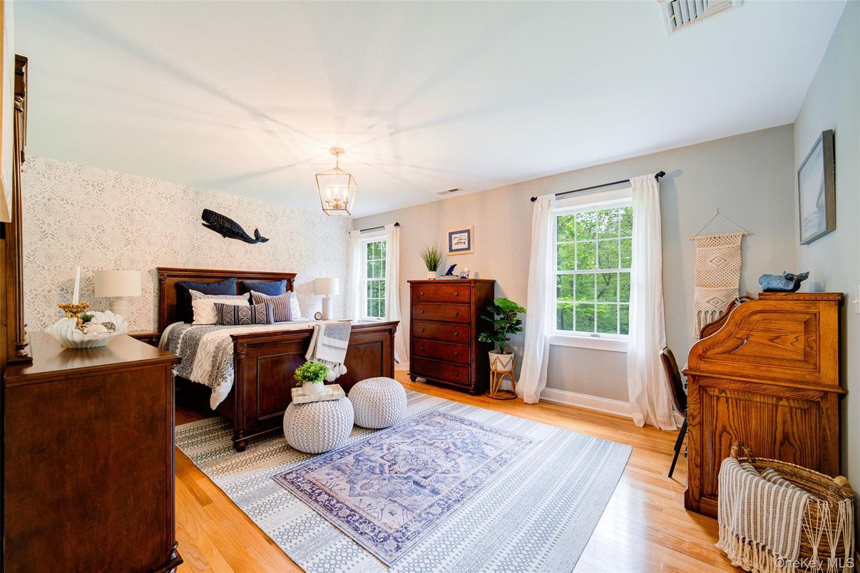 Bedroom, Chandelier, Interior, Wood Texture Flooring