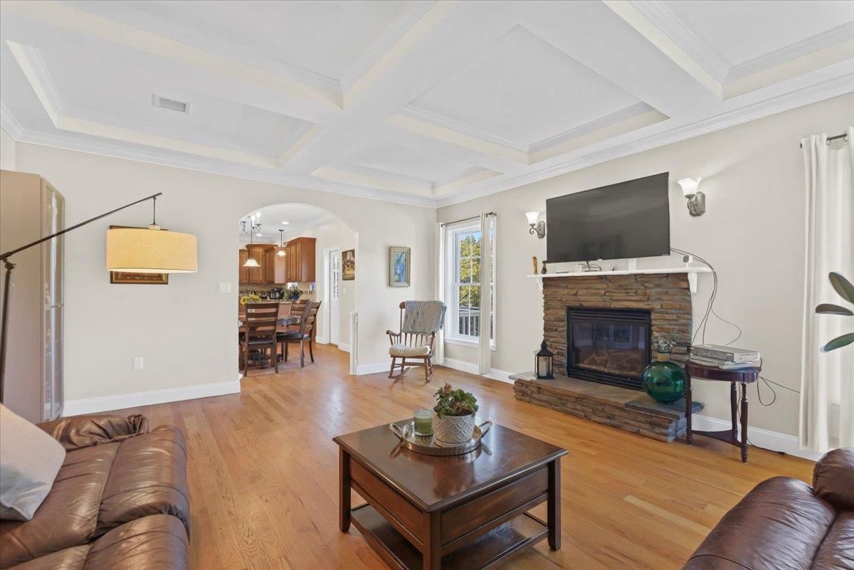Dining room, Fireplace, Interior, Living room, Pendant Lights, Wood Texture Flooring