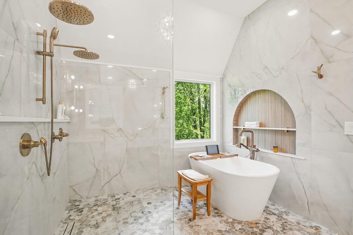 Bathroom, Free Standing Baths, Glass Shower, Interior, Marble, Marble Walls, Recessed Lighting