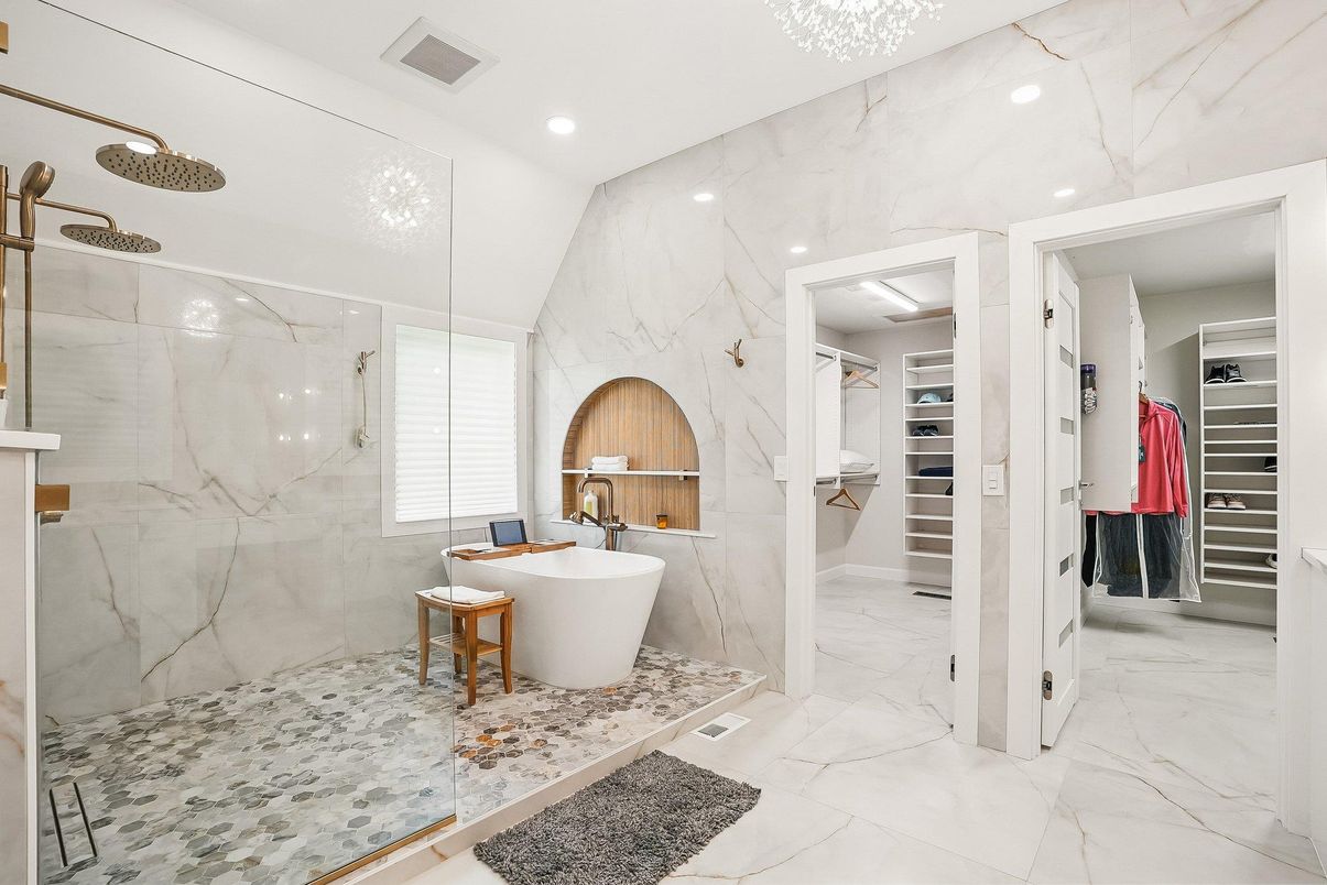 Bathroom, Dual Sink Vanities, Free Standing Baths, Glass Shower, Interior, Marble, Marble Walls, Recessed Lighting, Walk-in Closets
