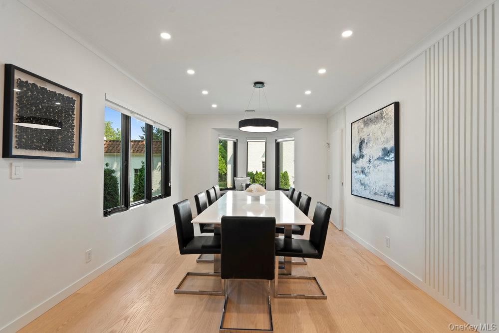 Dining room, Interior, Pendant Lights, Recessed Lighting, Wood Texture Flooring