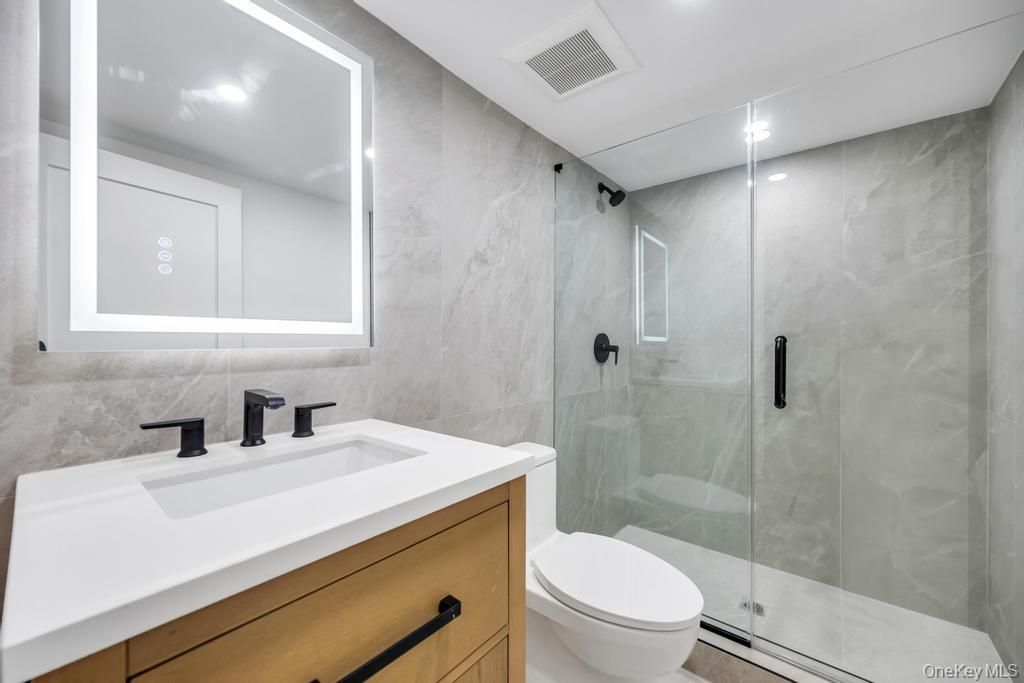 Bathroom, Glass Shower, Interior, Marble Walls, Recessed Lighting