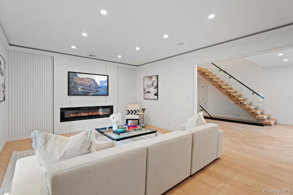 Fireplace, Interior, Living room, Recessed Lighting, Wood Texture Flooring