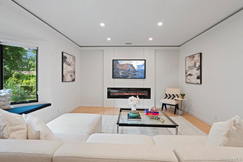 Fireplace, Interior, Living room, Recessed Lighting, Wood Texture Flooring