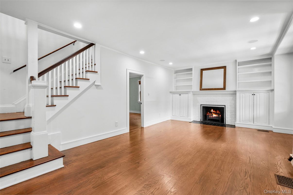 Fireplace, Interior, Recessed Lighting, Wood Texture Flooring