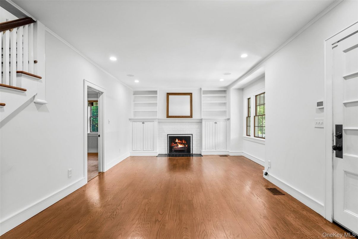 Empty room, Fireplace, Interior, Recessed Lighting, Wood Texture Flooring