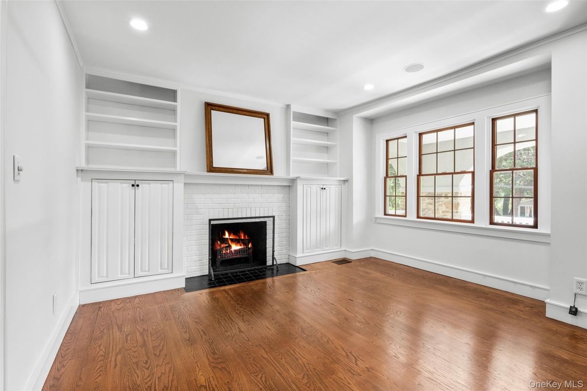 Empty room, Fireplace, Interior, Recessed Lighting, Wood Texture Flooring
