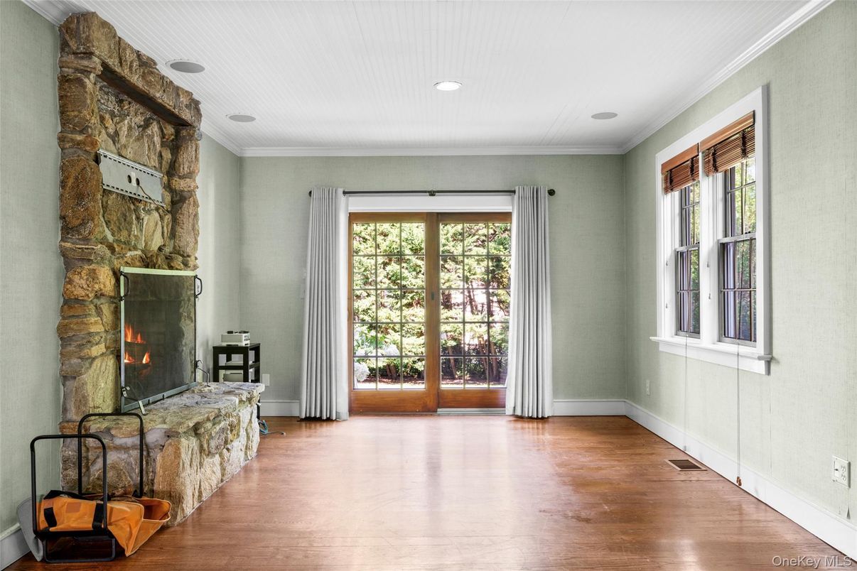 Fireplace, Interior, Recessed Lighting, Stone Walls, Wood Texture Flooring