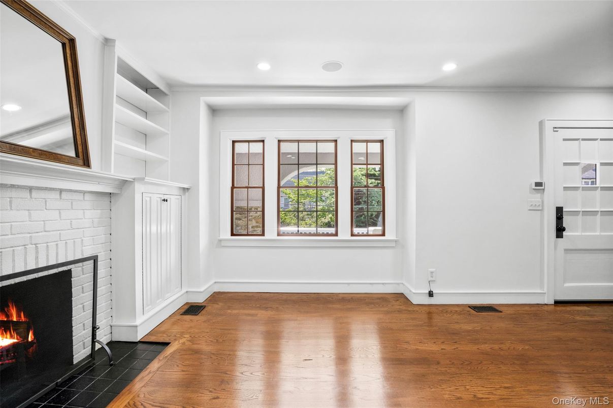 Empty room, Fireplace, Interior, Recessed Lighting, Wood Texture Flooring