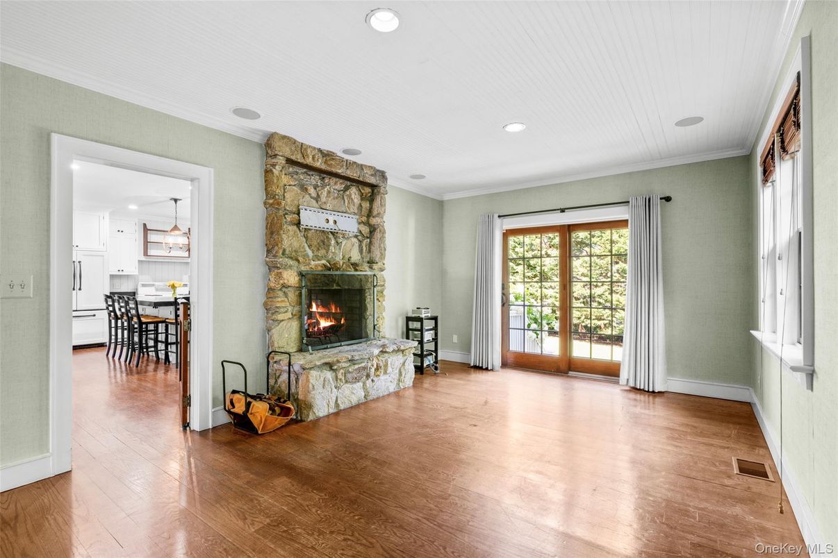 Dining room, Fireplace, Interior, Kitchen, Pendant Lights, Recessed Lighting, Stone Walls, Wood Texture Flooring