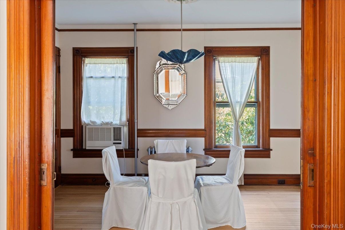 Dining room, Interior, Pendant Lights, Wood Texture Flooring