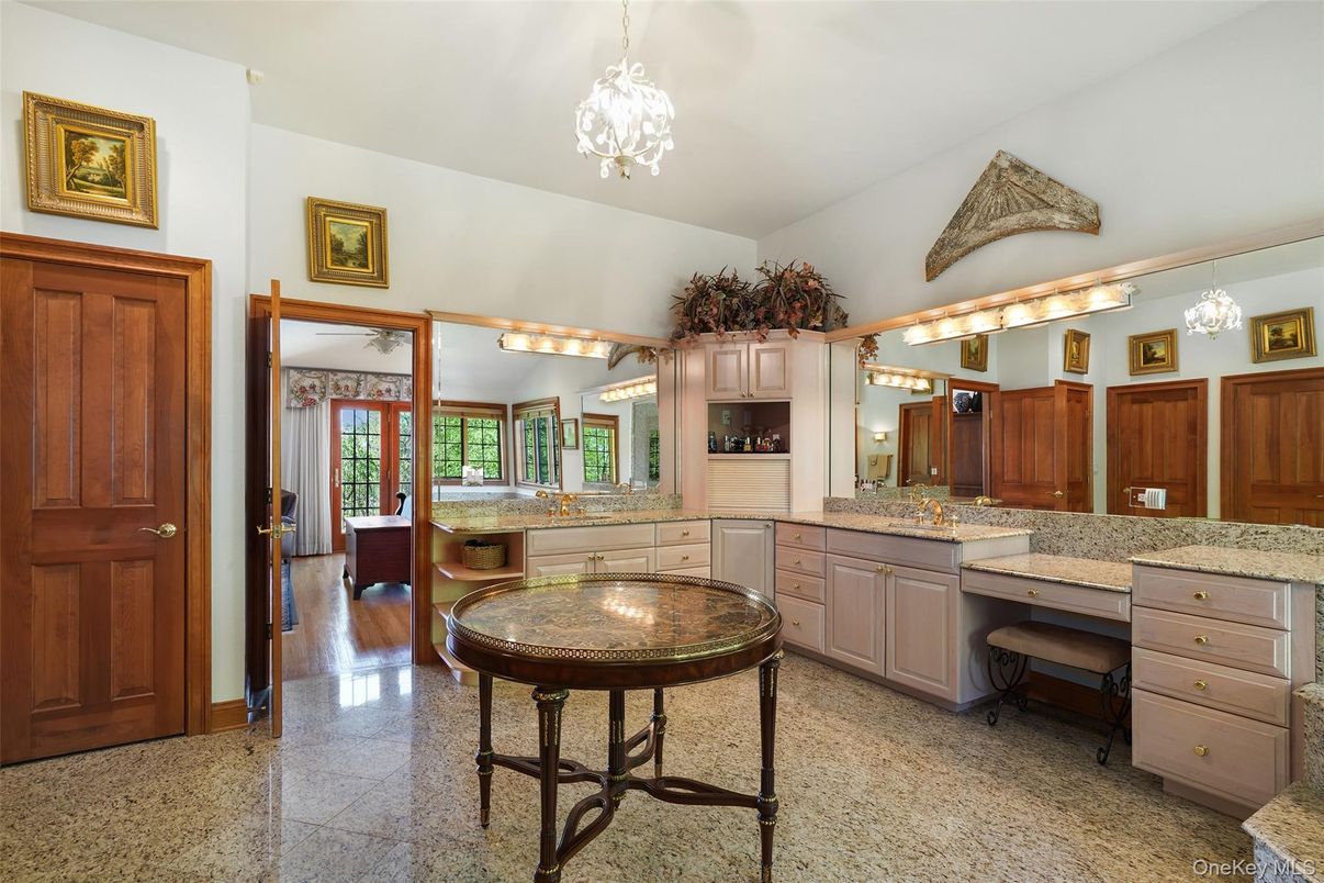 Bathroom, Chandelier, Dual Sink Vanities, Interior, Pendant Lights