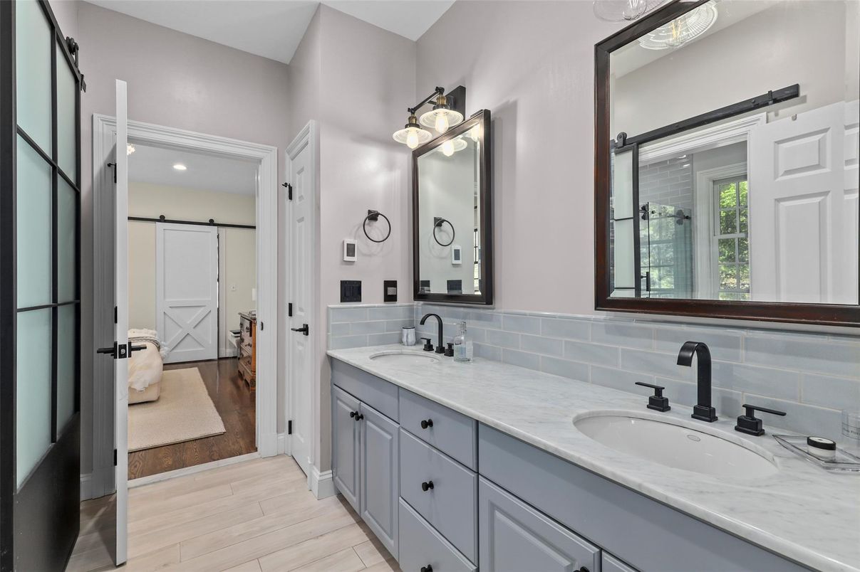 Bathroom, Dual Sink Vanities, Interior, Recessed Lighting, Wood Texture Flooring