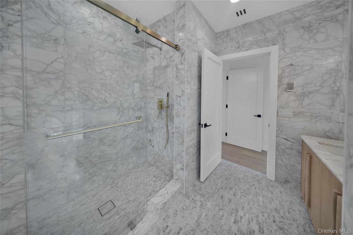 Bathroom, Glass Shower, Interior, Marble, Marble Walls, Wood Texture Flooring
