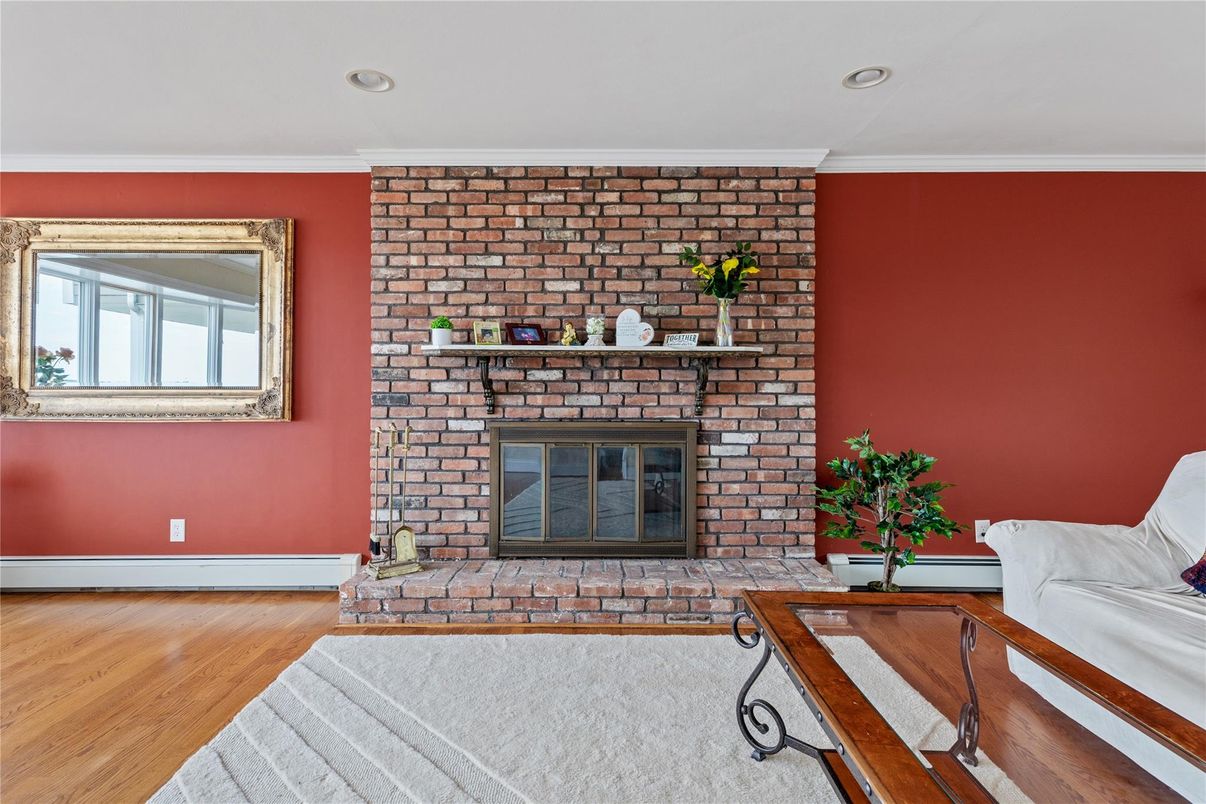 Fireplace, Interior, Recessed Lighting, Stone Walls, Wood Texture Flooring