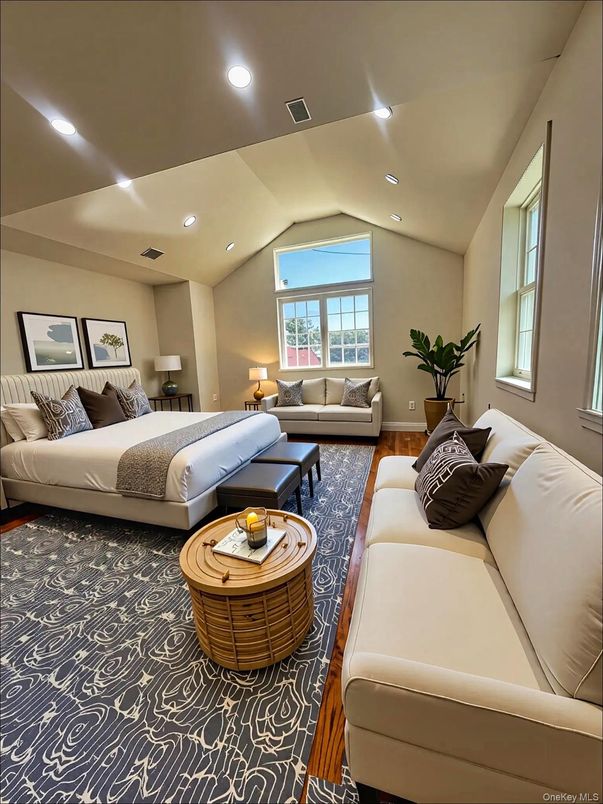 Bedroom, Interior, Living room, Recessed Lighting, Wood Texture Flooring