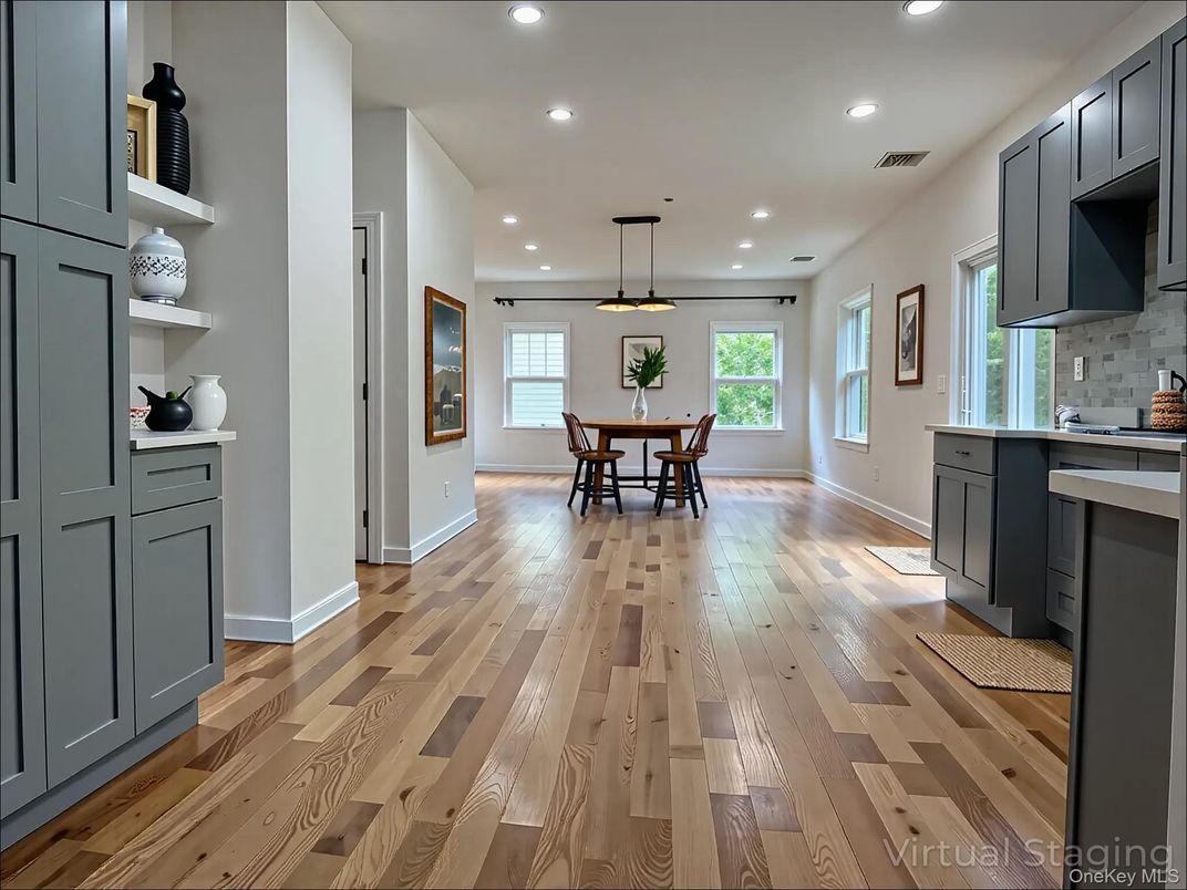 Dining room, Interior, Kitchen, Pendant Lights, Recessed Lighting, Wood Texture Flooring