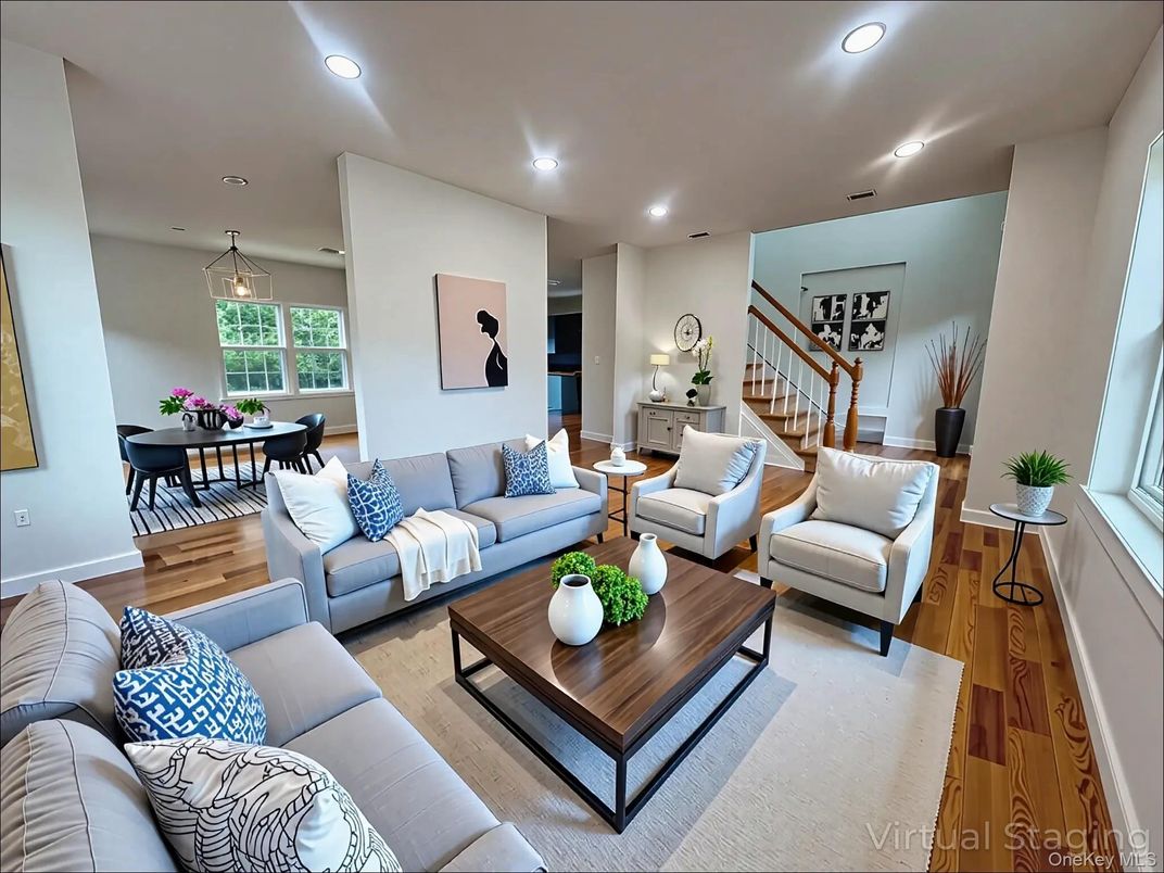 Dining room, Interior, Living room, Pendant Lights, Recessed Lighting, Wood Texture Flooring
