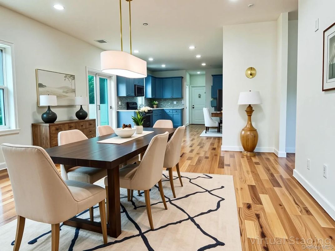 Dining room, Interior, Kitchen, Pendant Lights, Recessed Lighting, Wood Texture Flooring