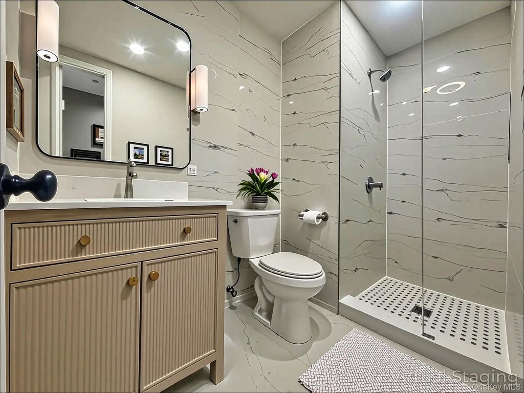 Bathroom, Glass Shower, Interior, Marble Walls, Recessed Lighting