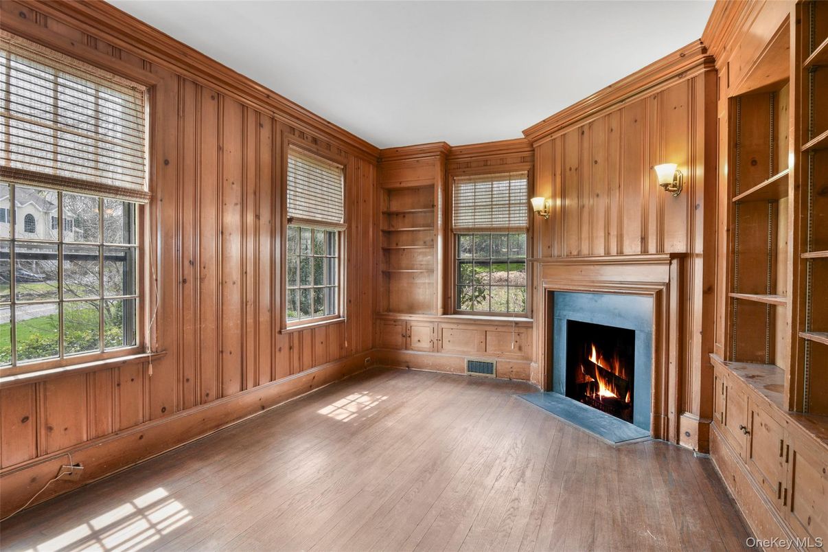Empty room, Fireplace, Interior, Wood Texture Flooring, Wooden Walls