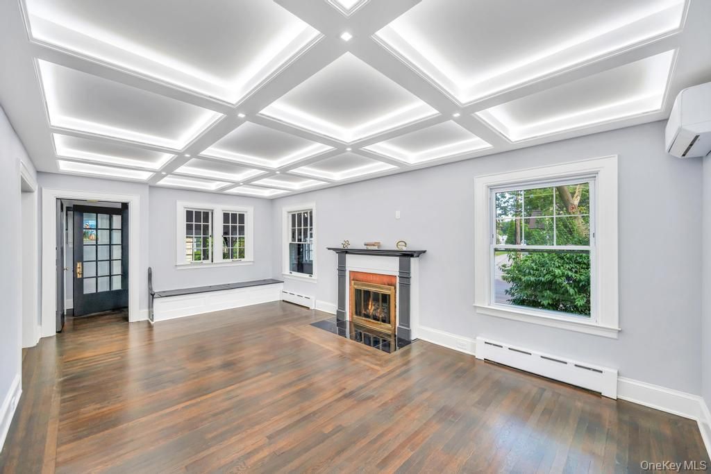 Empty room, Fireplace, Interior, Recessed Lighting, Wood Texture Flooring