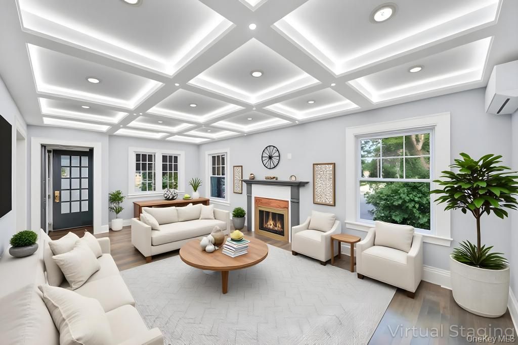 Fireplace, Interior, Living room, Recessed Lighting, Wood Texture Flooring