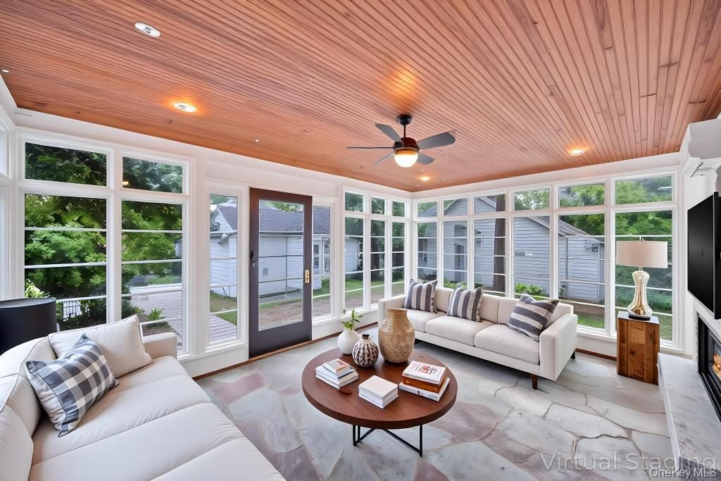 Fireplace, Interior, Living room, Recessed Lighting, Sun Room, Wooden Ceilings