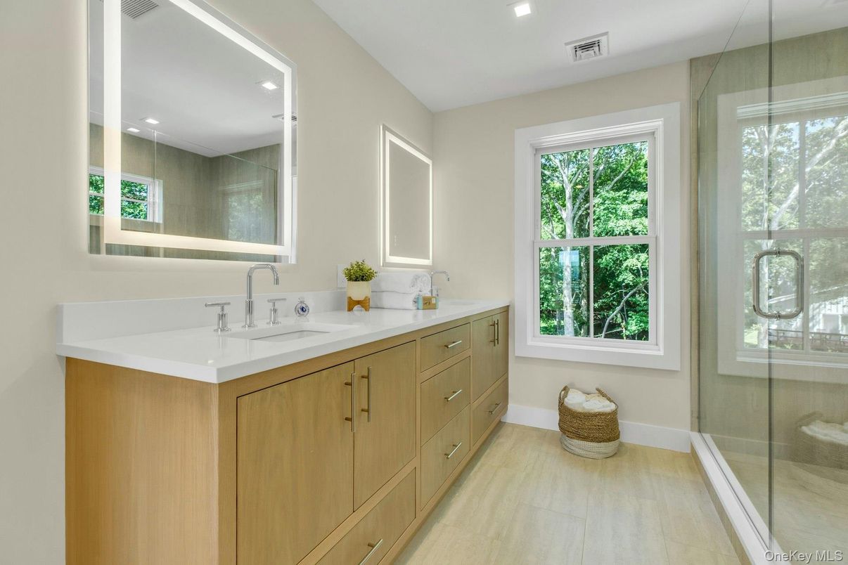 Bathroom, Dual Sink Vanities, Glass Shower, Interior, Recessed Lighting